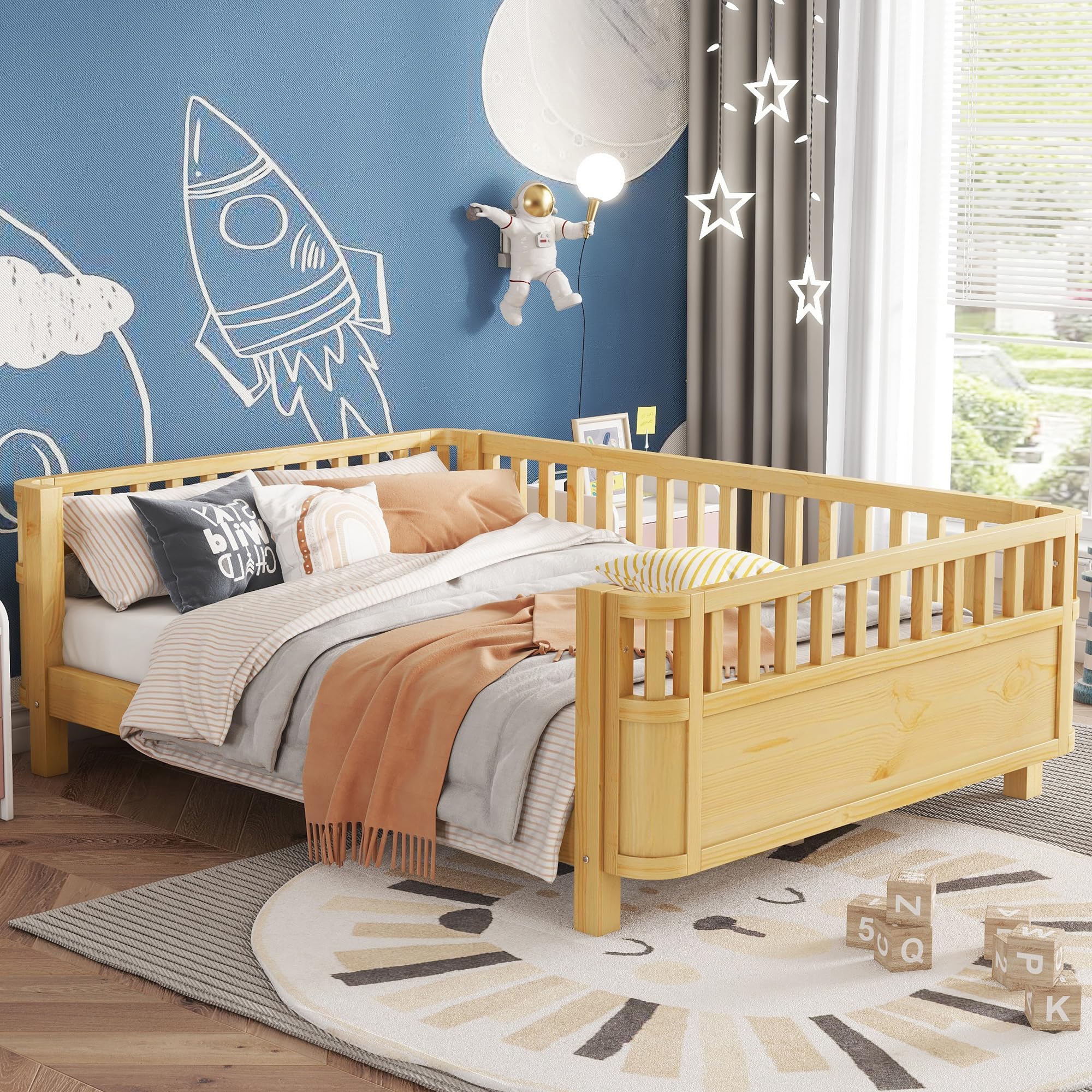 Full Size Kids Platform Bed Frame with Rails, Full Size Low Profile Bed Frame for Girls Boys, Wood Daybed with Detachable Guardrail, Kids Transition Bed, No Box Spring Needed, No Noise, Natural