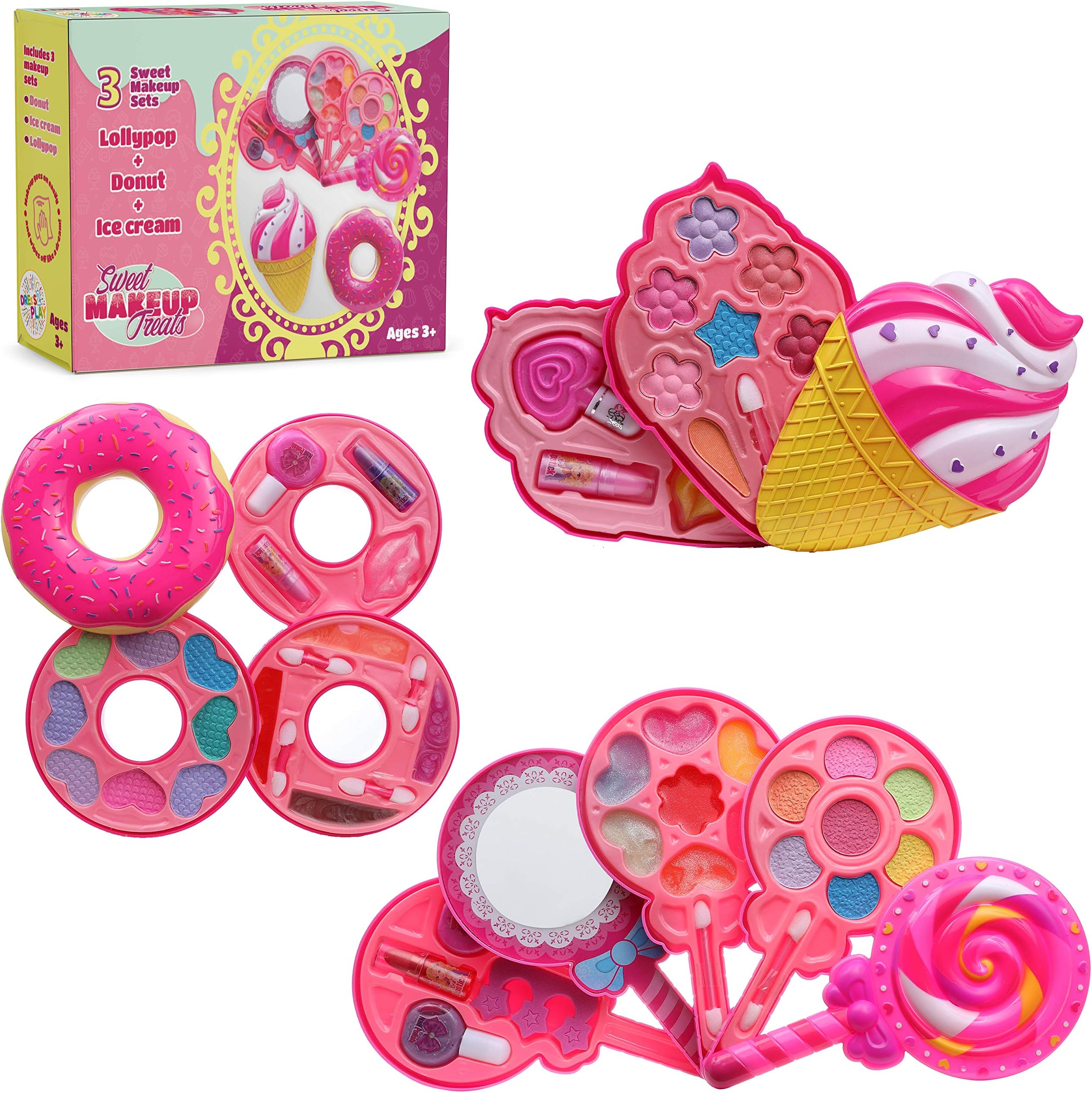 DRESS 2 PLAY Kids Makeup Kit for Girls - Princess Real Washable Make Up Set - 3 in 1 Makeup Kit for Toddlers - Cosmetics Pretend Playset Toy with Lollipop, Ice Cream, and Donut Makeup Palettes
