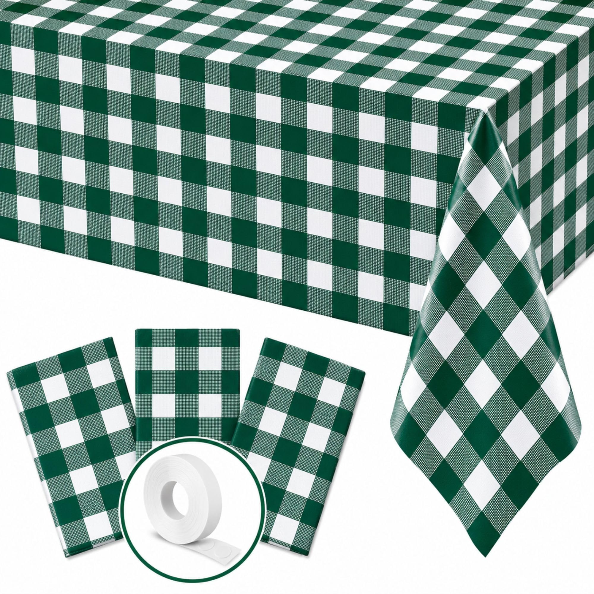 Blue Orchards Green Gingham Table Cover (Pack of 3 with 20 glue dot) - 54"x108" XL - Green and White Checkered Picnic Plaid Cloth, Plastic Rectangle Decoration for BBQ, Outdoor Birthday Party Supplies