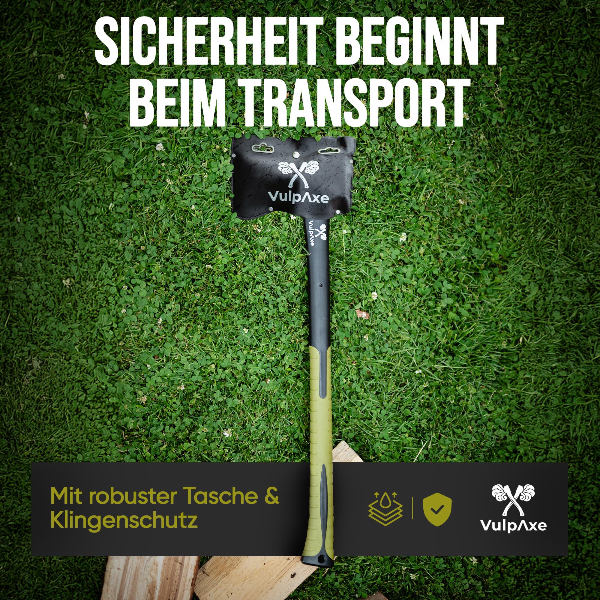 VULPAXE Spaltaxt 2kg 68cm – Profi Axt & Beil mit Carbonstahl-Klinge – Spalthammer für Holz Spalten – Glasfaserverstärkter gummierter Griff
