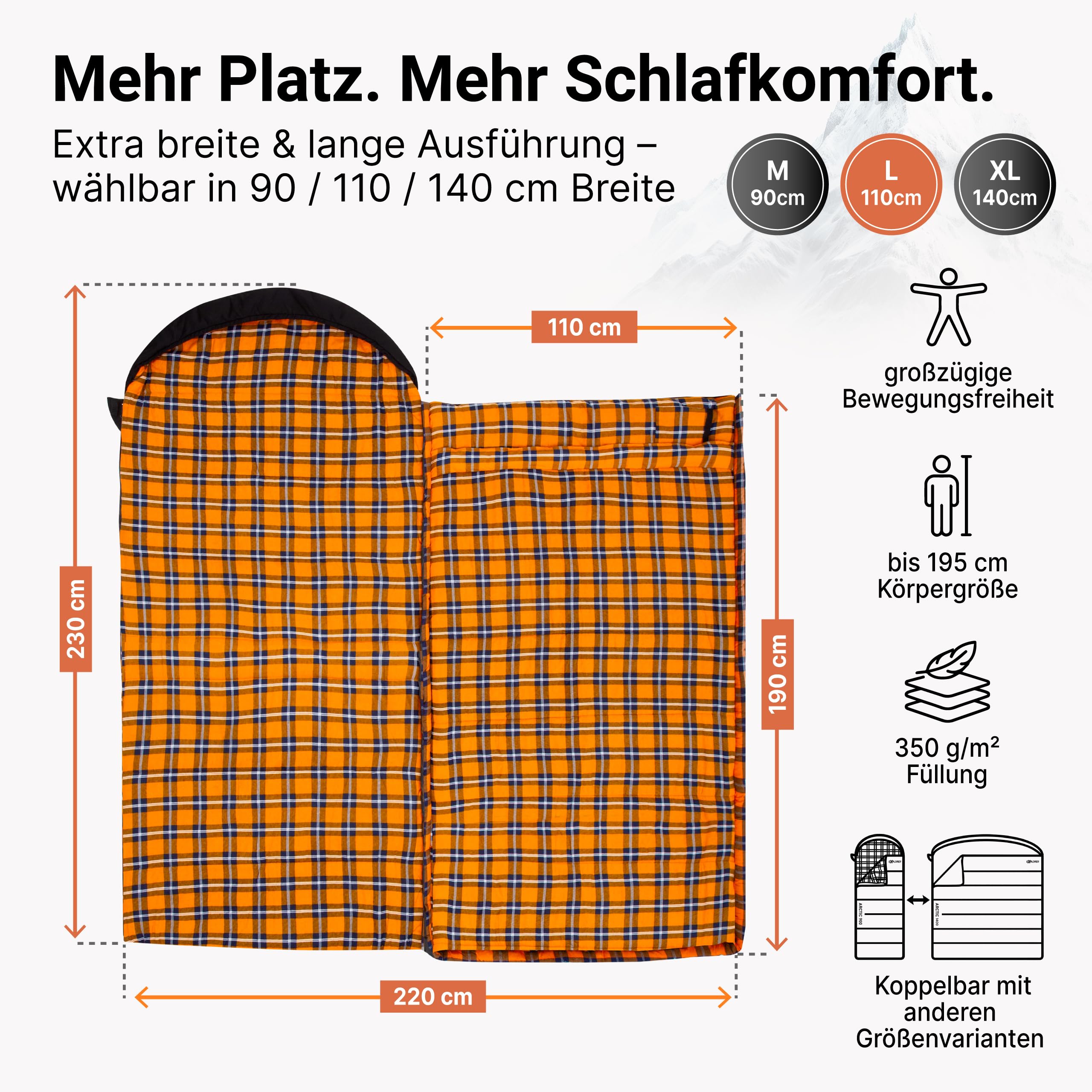 EXPLORER Arctic XXL Deckenschlafsack Winter -24°C Extrem – Camping Schlafsack aus 100% Baumwolle & Flanell – Koppelbar & Wasserabweisend – 90/110/140 cm