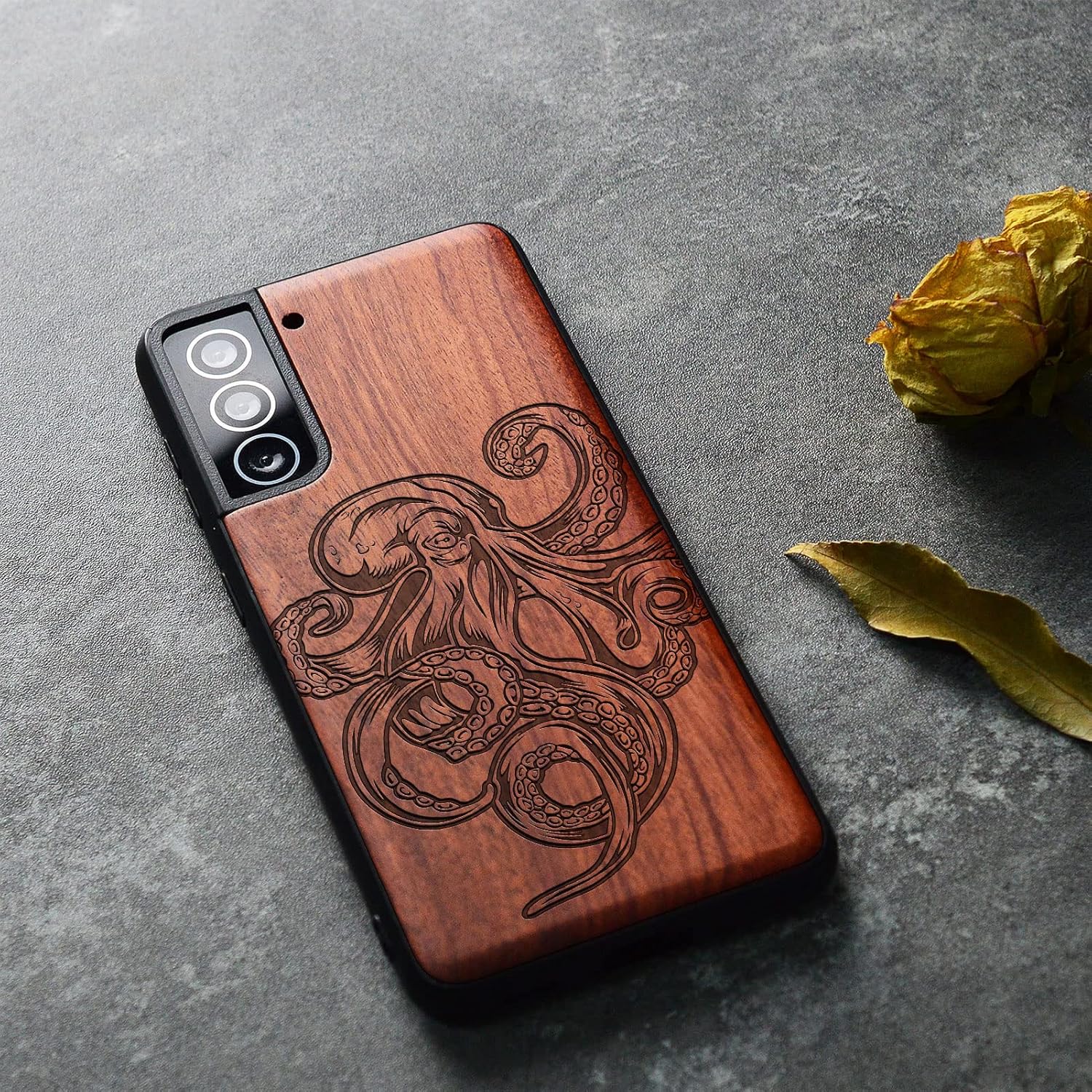 Carveit Wood Case for Galaxy S21 Case [Natural Wood & Black Soft TPU] Shockproof Hybrid Protective Unique Wooden Cover Compatible with Samsung S21 5G (Octopus Drawing-Rosy)