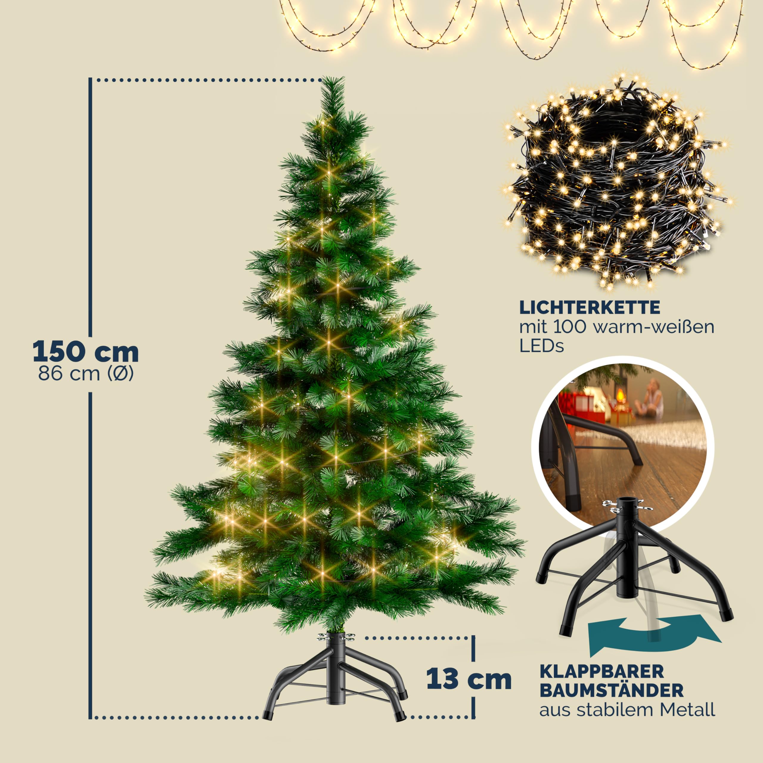 CASARIA® Weihnachtsbaum künstlich 150 cm Lichterkette 100 LED Tannenbaum mit Beleuchtung wie echt Stecksystem dichte Spitzen stabil schwer entflammbar | mit Beleuchtung, Lichterkette, 100 LED, Tannenbaum, dichte Spitzen, stabil, schwer entflammbar, Stecks