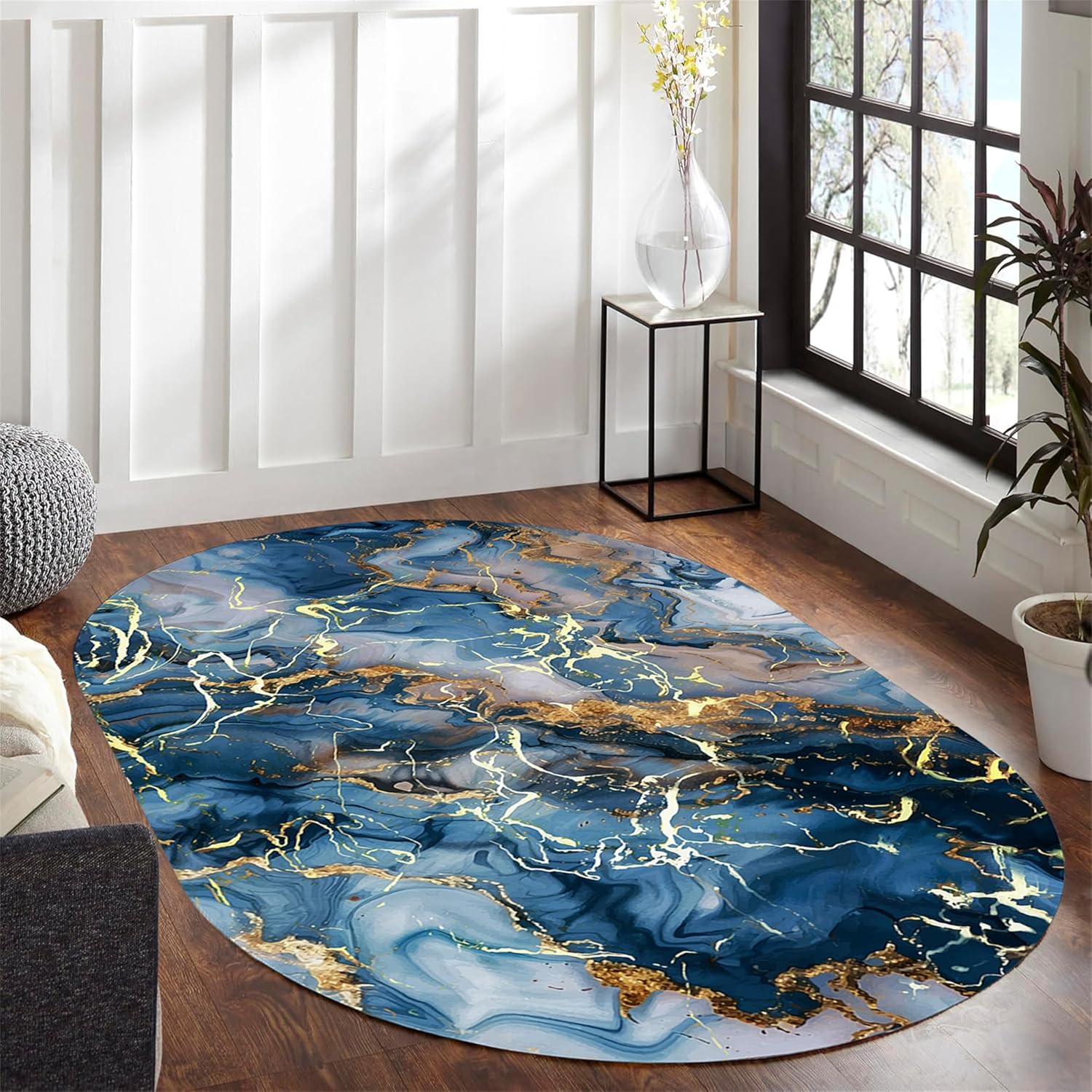 Oval Living Room Rugs 3x4ft - Marble Abstract Rug，Soft Low Pile Carpet Non-Slip Backing, Stain Resistant, Machine Washable, for Living Room, Bedroom, Dining Room and Office, Blue/Gold