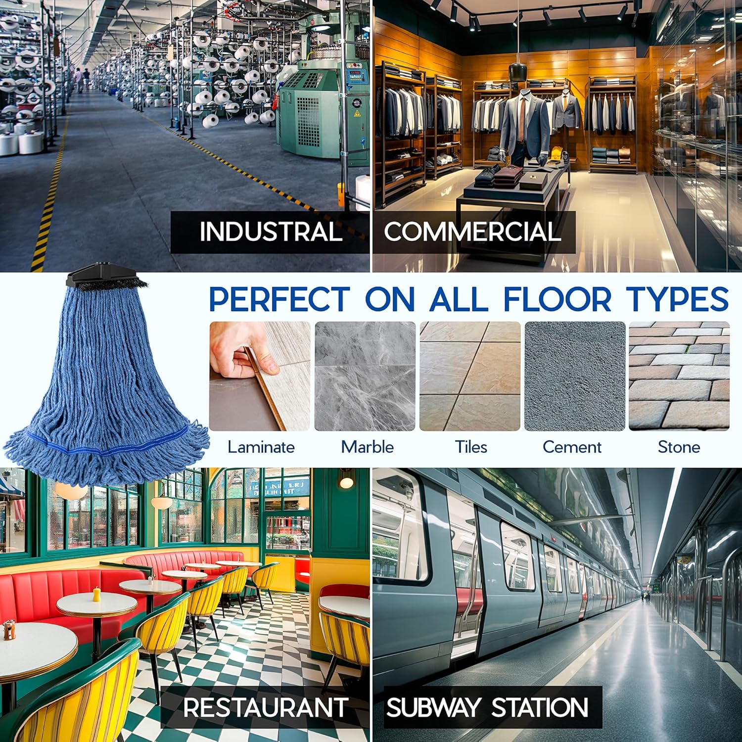 ONESIMUS Large Heavy-Duty Commercial Mop Head Replacement – Screw-On Wet Industrial Cotton Looped String Refill with Built-in Tough Polypropylene Bristle Brush for Floor Cleaning (Blue 6 Pack)