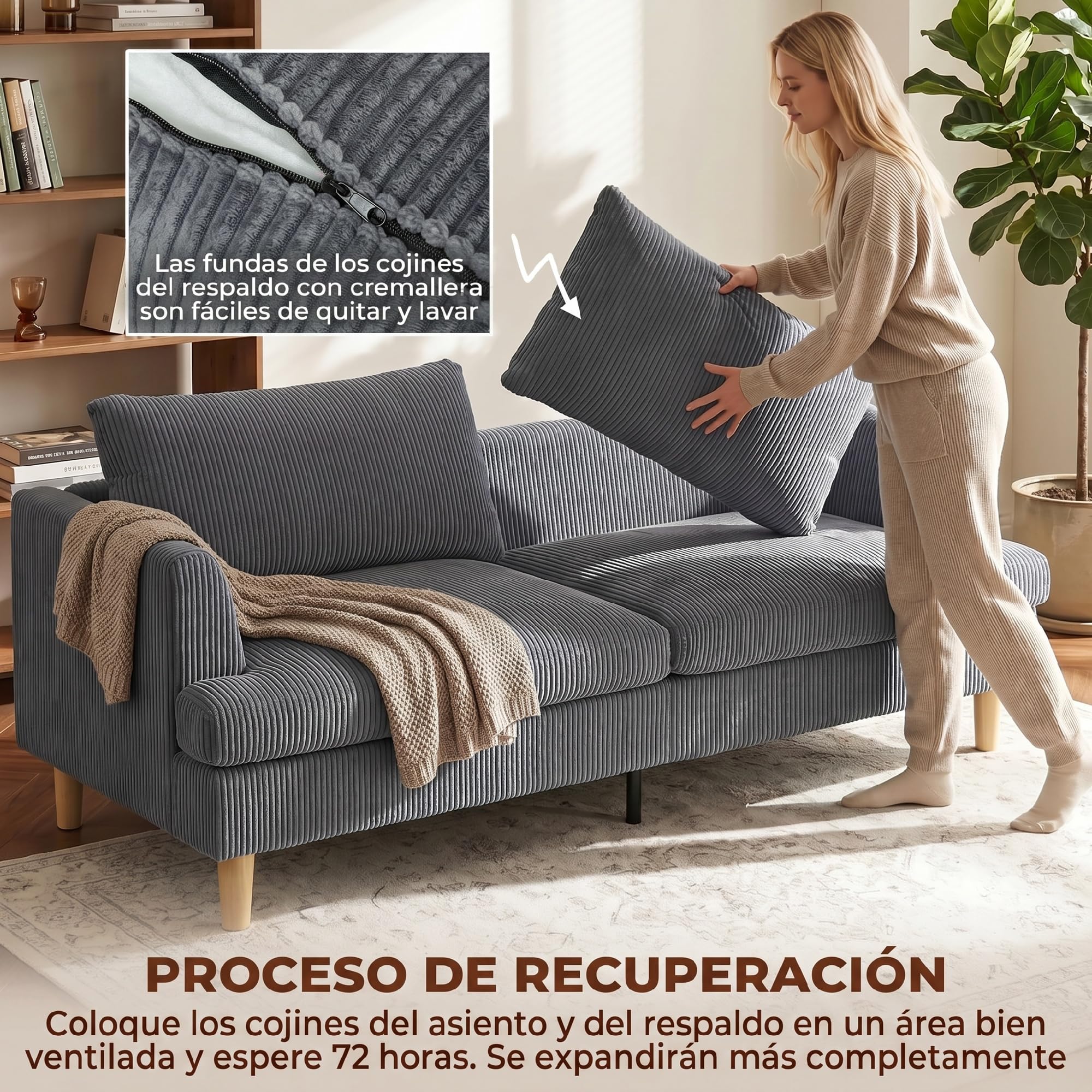 HOMCOM Sofá de 3 Plazas, Sofá de Salón Moderno, 188x80x86 cm, Tapizado en Pana, Acolchado Grueso de Muelles, Asiento Ancho, Reposabrazos, Fácil Montaje, 2 Almohadas, Gris Oscuro