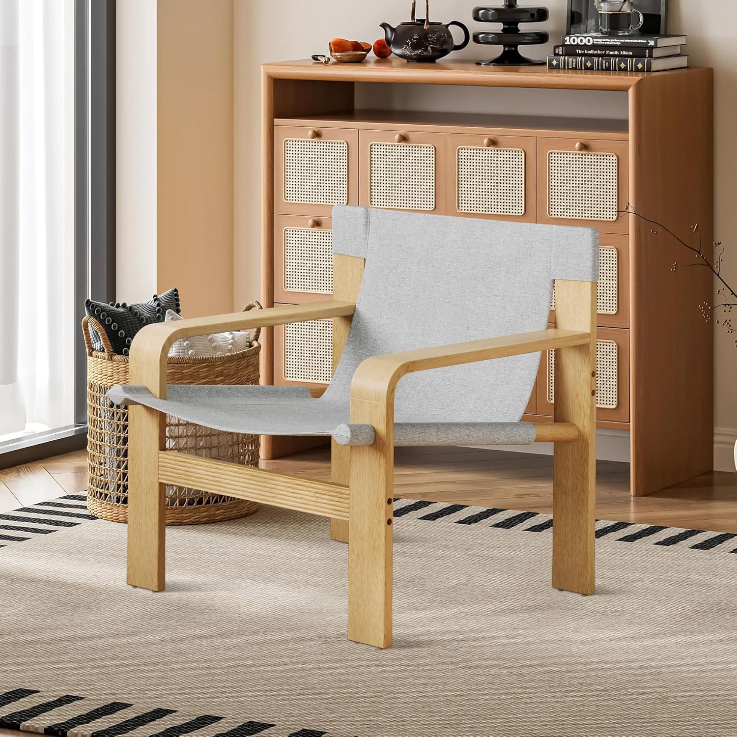 Mid-Century Accent Chair with Wide Armrest & Solid Wood Frame, Detachable and Washable Armchair, Modern Living Room Reading Chairs for Bedroom Sunroom Bedroom Balcony,White