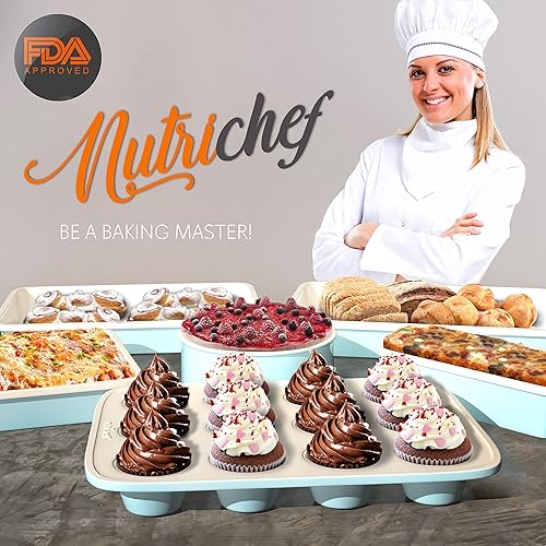 Miniatura 4 de NutriChef Juego de 6 bandejas para hornear para horno de cocina, antiadherentes, atractivas sartenes verdes y bandeja interior blanca, utensilios de