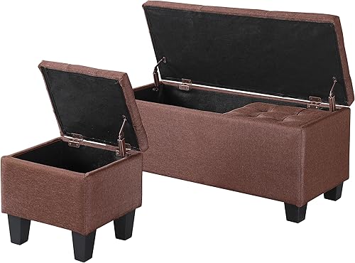 HMFULE Juego de 3 bancos otomanos de almacenamiento de 38.58 pulgadas, banco de almacenamiento de tela tapizada con bisagra de seguridad para sala