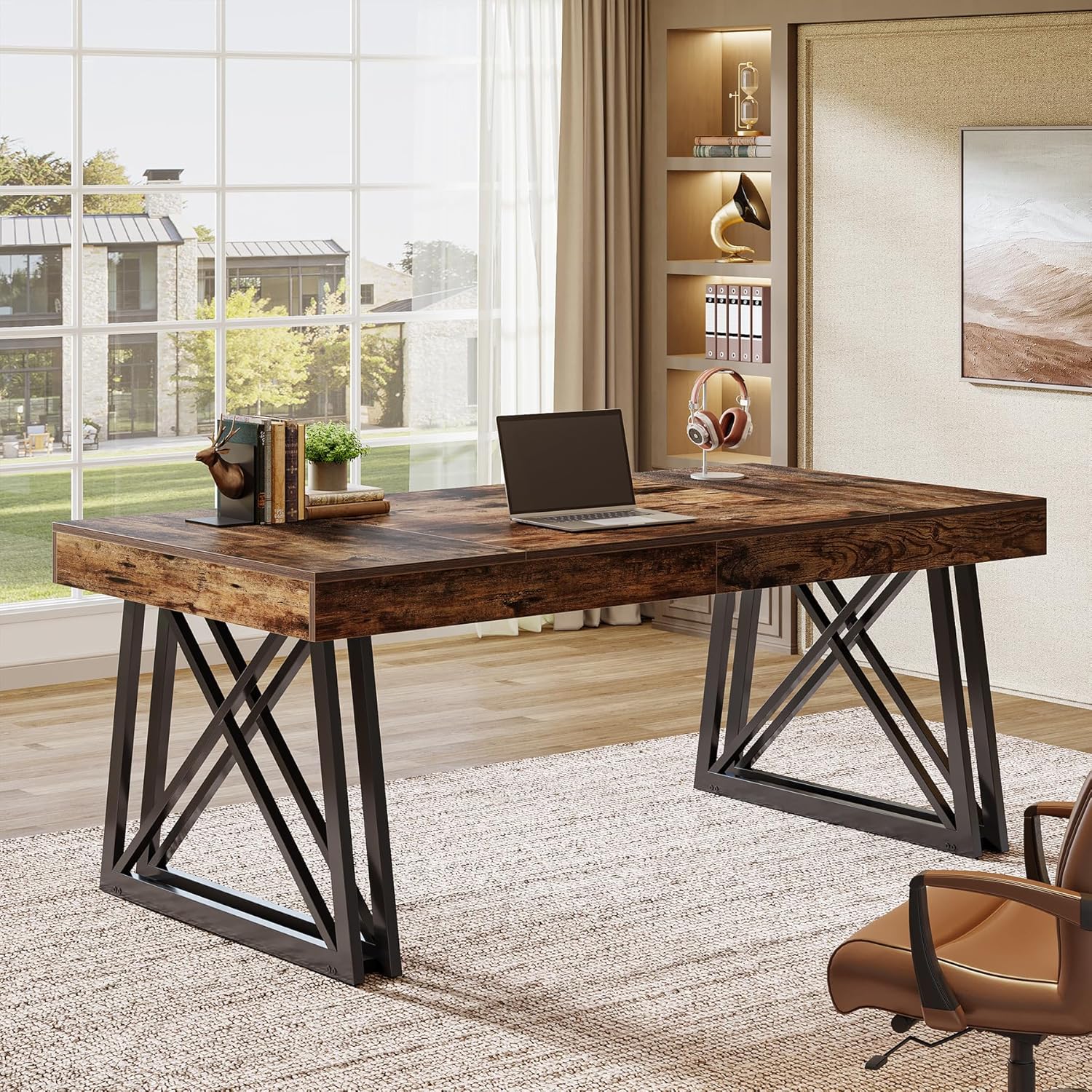 Tribesigns 63-Inch Executive Desk, Farmhouse Office Computer Desk with Sturdy X-Shaped Legs, Large Writing Table Business Furniture Workstation for Home Office, Study (Rustic Brown & Black)