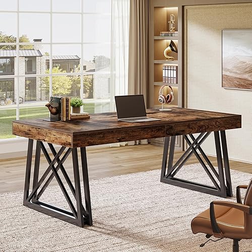 Miniatura 8 de Tribesigns Escritorio ejecutivo de 63 pulgadas, escritorio para computadora de oficina de granja con patas resistentes en forma de X, mesa de