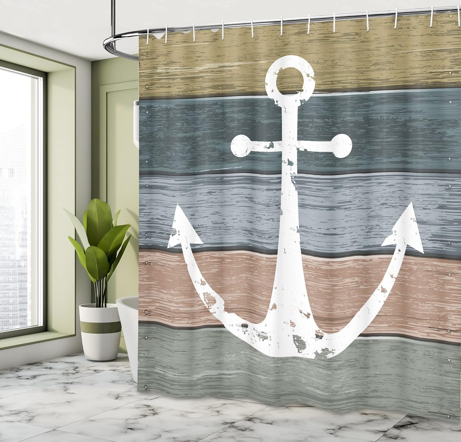 Ambesonne Anchor Shower Curtain, Timeworn Marine Pattern and Grunge Weathered Wooden Planks Rustic Style Nautical, Cloth Fabric Bathroom Decor Set with Hooks, 69" W x 75" L, Khaki Teal