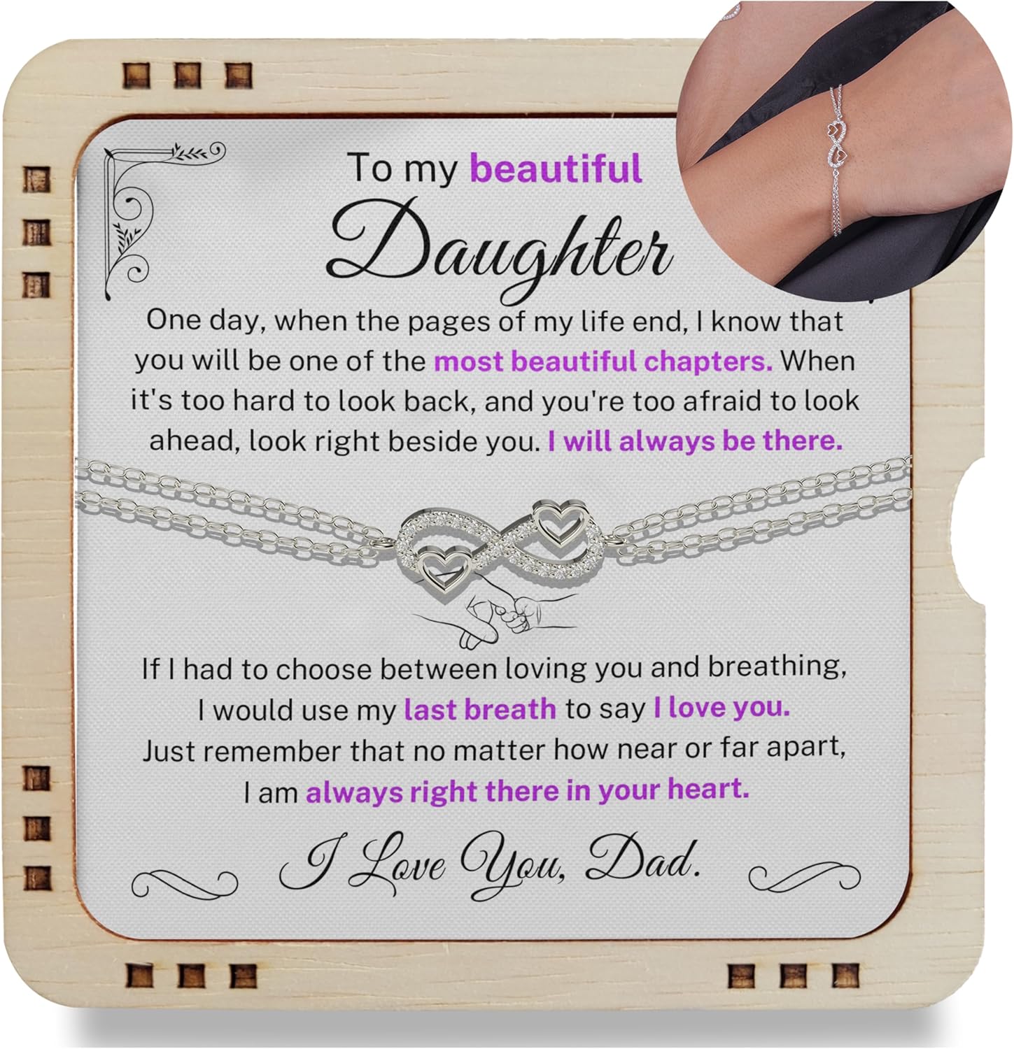To My Beautiful Infinity Daughter Bracelet From Dad With Emotional Message & Ecofriendly Wooden Box,Festival Gifts For Daughter From Father, 925 Silver, Jewelry Gift From Daddy On Birthday