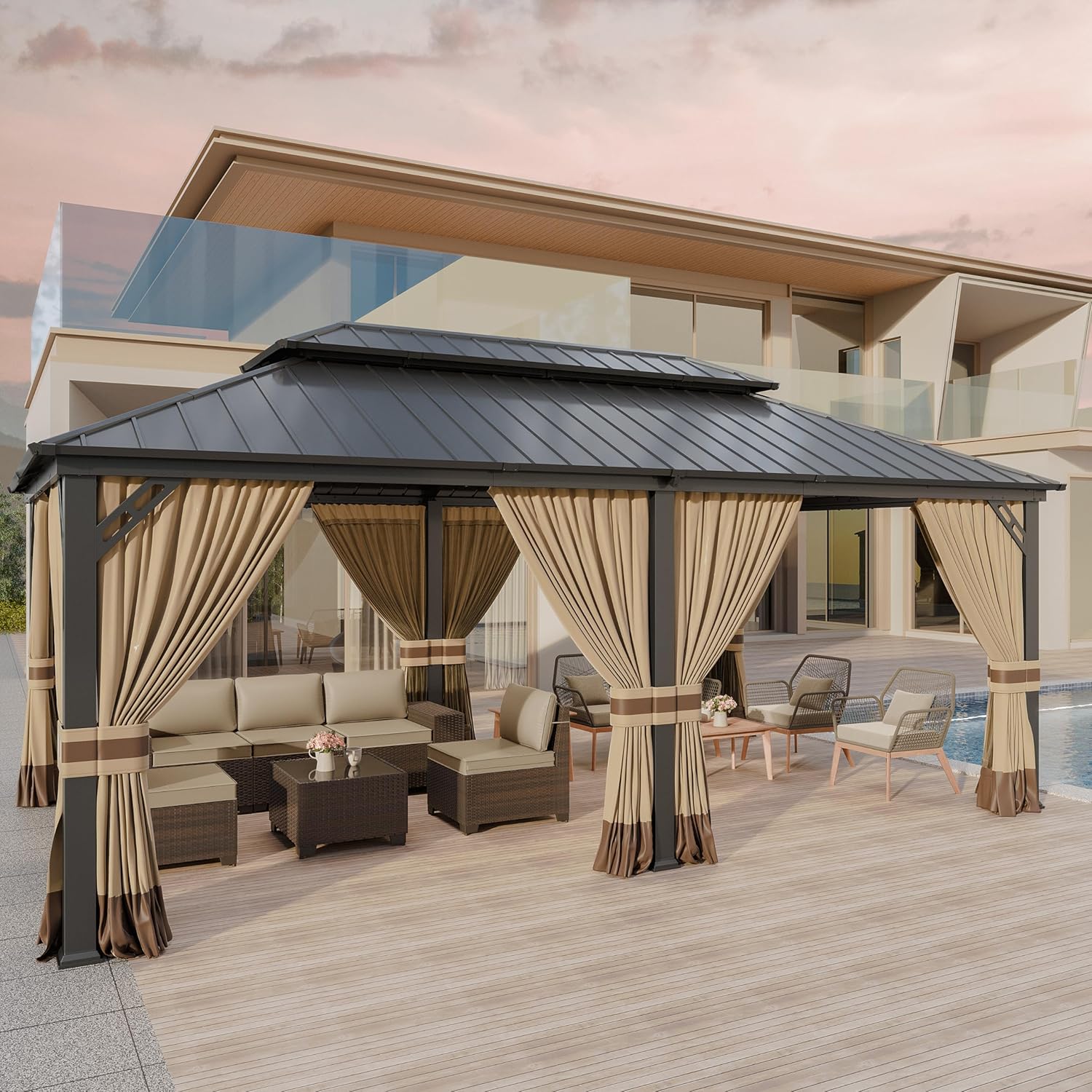 Kurapika 12' x 20' Hardtop Outdoor Metal Gazebo with Galvanized Steel Double Roof Canopy, Netting and Curtain, Aluminum Permanent Pavilion Gazebo, Sand