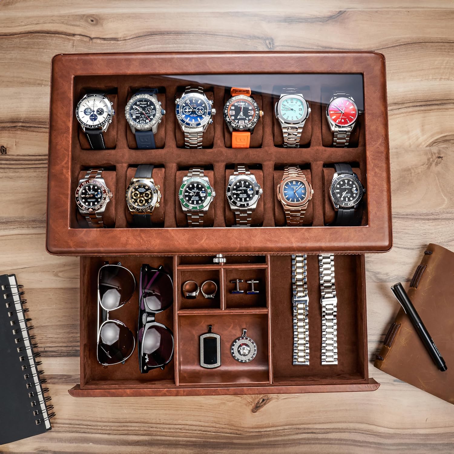 Awesometik 12 Slot LUXURY Faux Leather Watch Box Organizer. Real Glass Top. Watch Display & Watch Holder for Men. Watch Collection, Protection. For Men Ready to Gift (12 Slot Watch Box with Drawer)