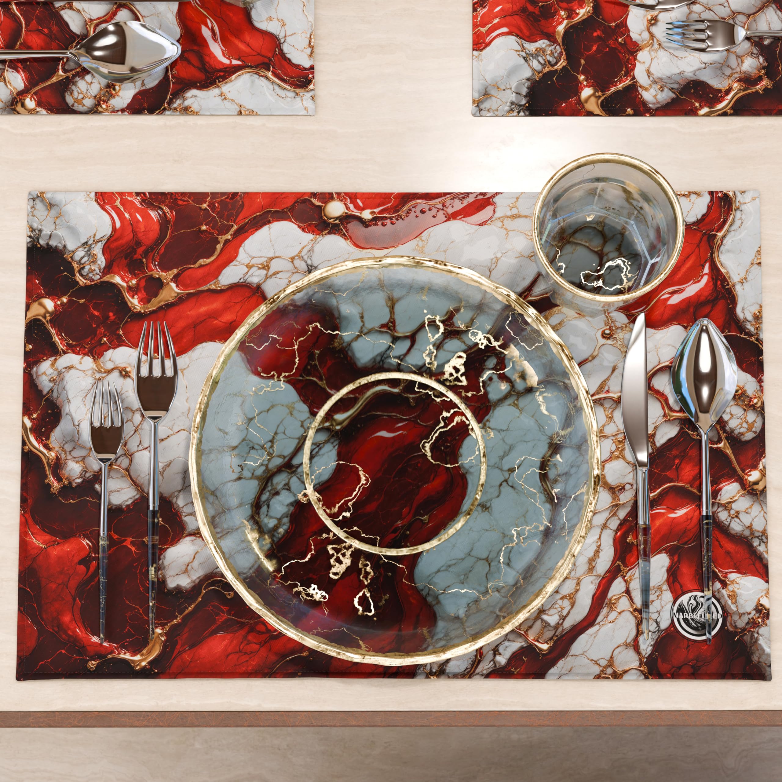 MARBLELIZED, Washable American Placemats, Red Marble Effect Fabric Placemats, Set of 2 (30 x 45 cm), Elegant - Image 3