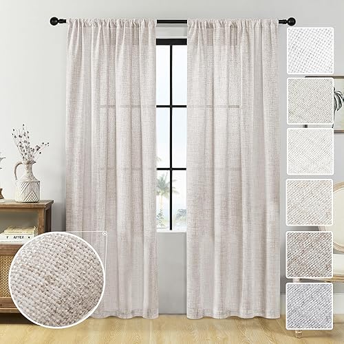 MEETBILY Cortinas semitraslúcidas con textura de lino de 50 x 96 pulgadas de largo, con bolsillo para barra, cortinas de privacidad para filtrar la