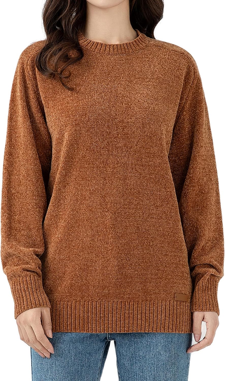 Simple&Opulence Women's Chenille Sweater Crewneck Long Sleeve Pullover Ribbed Cuff Hem Round Neck Jumper Tops (Caramel, M)