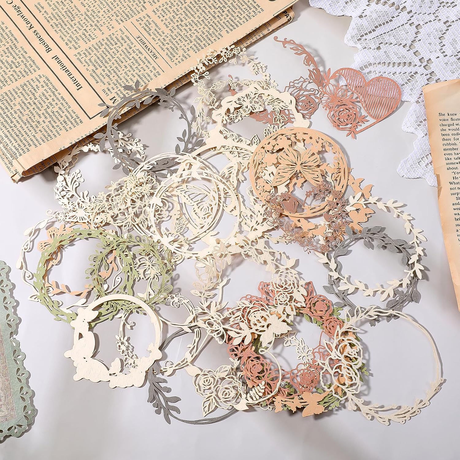 40 Pcs Vintage Flower Scrapbook Paper Lace Cutouts, Decorative Artistic Butterfly Leaf Hollow Out Frame Embellishments Card Making Supplies for Junk Journal DIY Craft Album Planners Decorative Arts