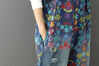 Yeokou Women Baggy Denim Overall Boho Vintage Print Wide Leg Jumpsuit Adjustable Straps Big Pockets Summer Beach Casual Wear