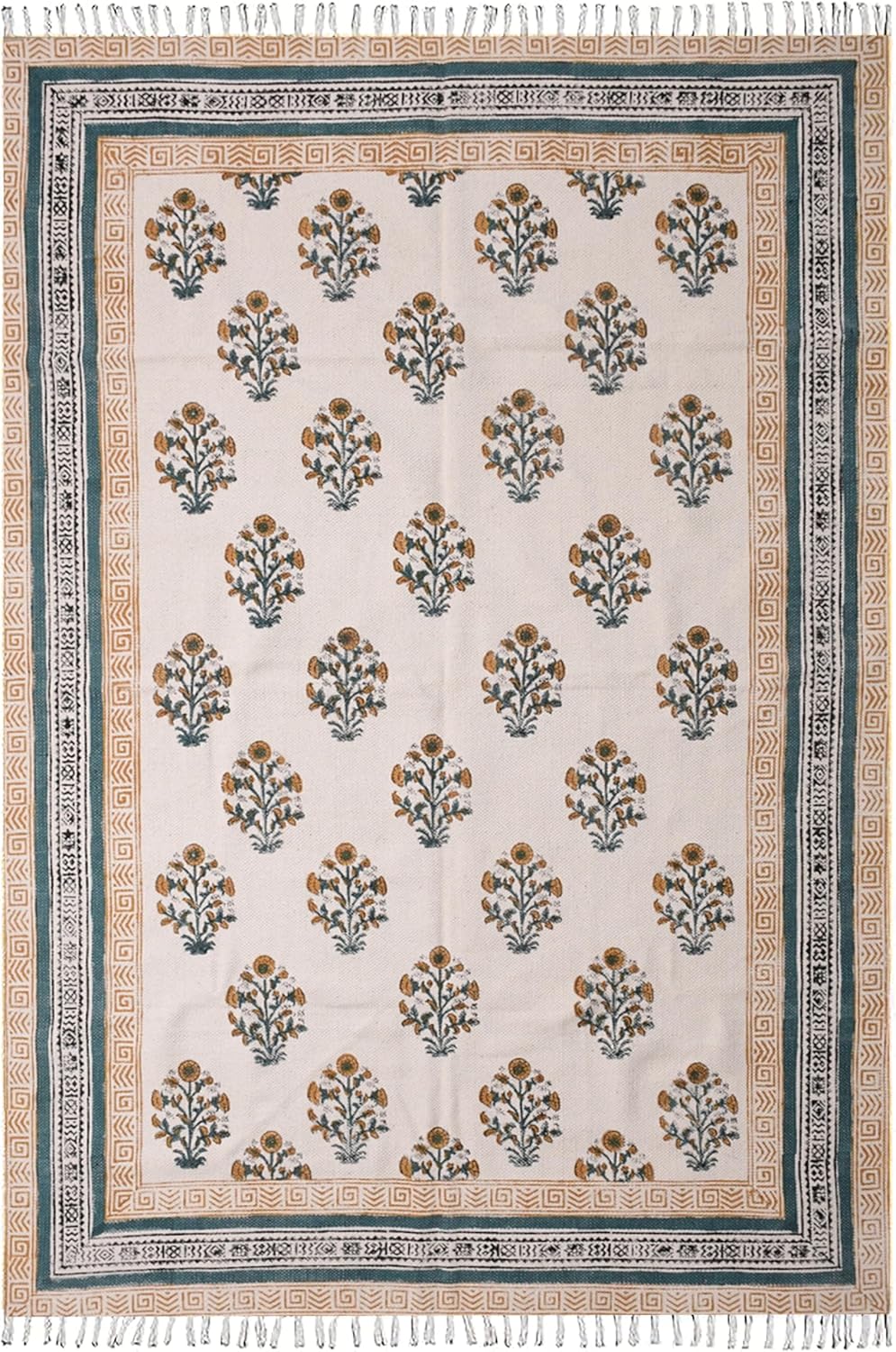 Hand Block Print Floral Cotton Dhurrie Runner Rug 4x20 Washable Floral Printed Cotton Dhurries Block Printed Runner Rugs 0.19" Boho Flatweave for Kitchen, Hallway, Entryway