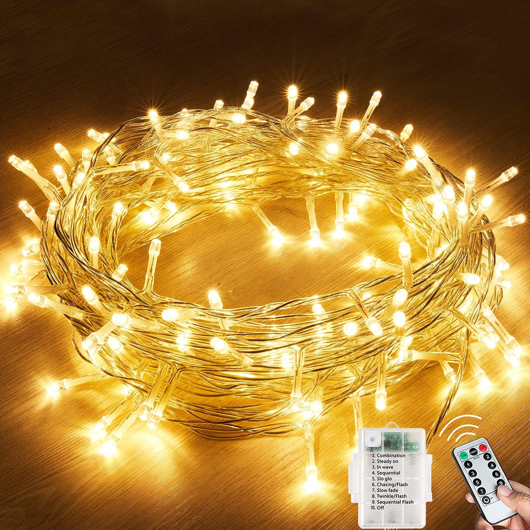LezonicFairy Lights Waterproof, 120LED 13M/42Ft 8 Mode String Lights Battery, Garden Lights Outdoor/Indoor with Remote Control for Bedroom, Party, Wedding, Christmas Decorations(Warm White)