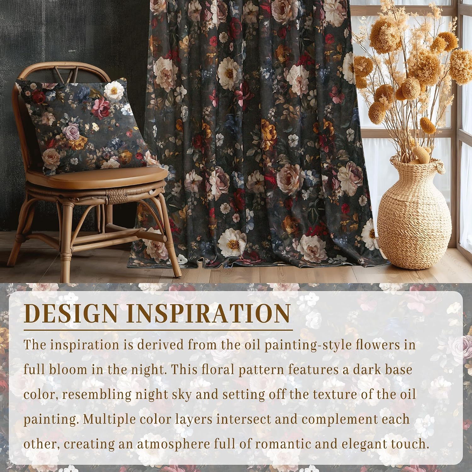 StangH Vintage Floral Curtains for Living Room, Print Patterned Velvet Drapes with Privacy Classic Oil Painting Elegant Home Decor for Sliding Door, Flower on Charcoal, W52 x L84, 2 Panels