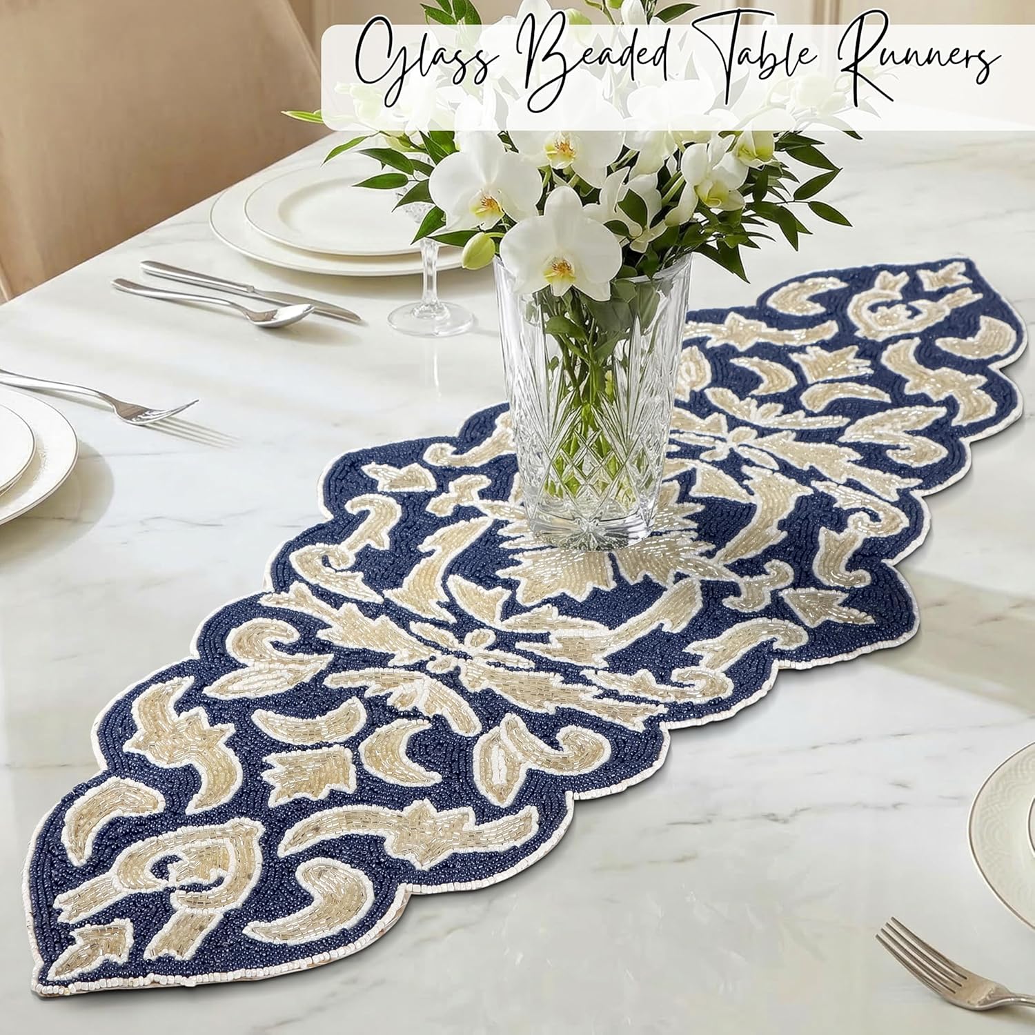 CLEENTABLE Decorative Beaded Table Runner – Glass Beads & Polyester Luxury Table Runner for Dining Table, Wedding & Holiday Centerpiece Décor, 36 Inches Length x 13 Inches Width (Blue & Silver)