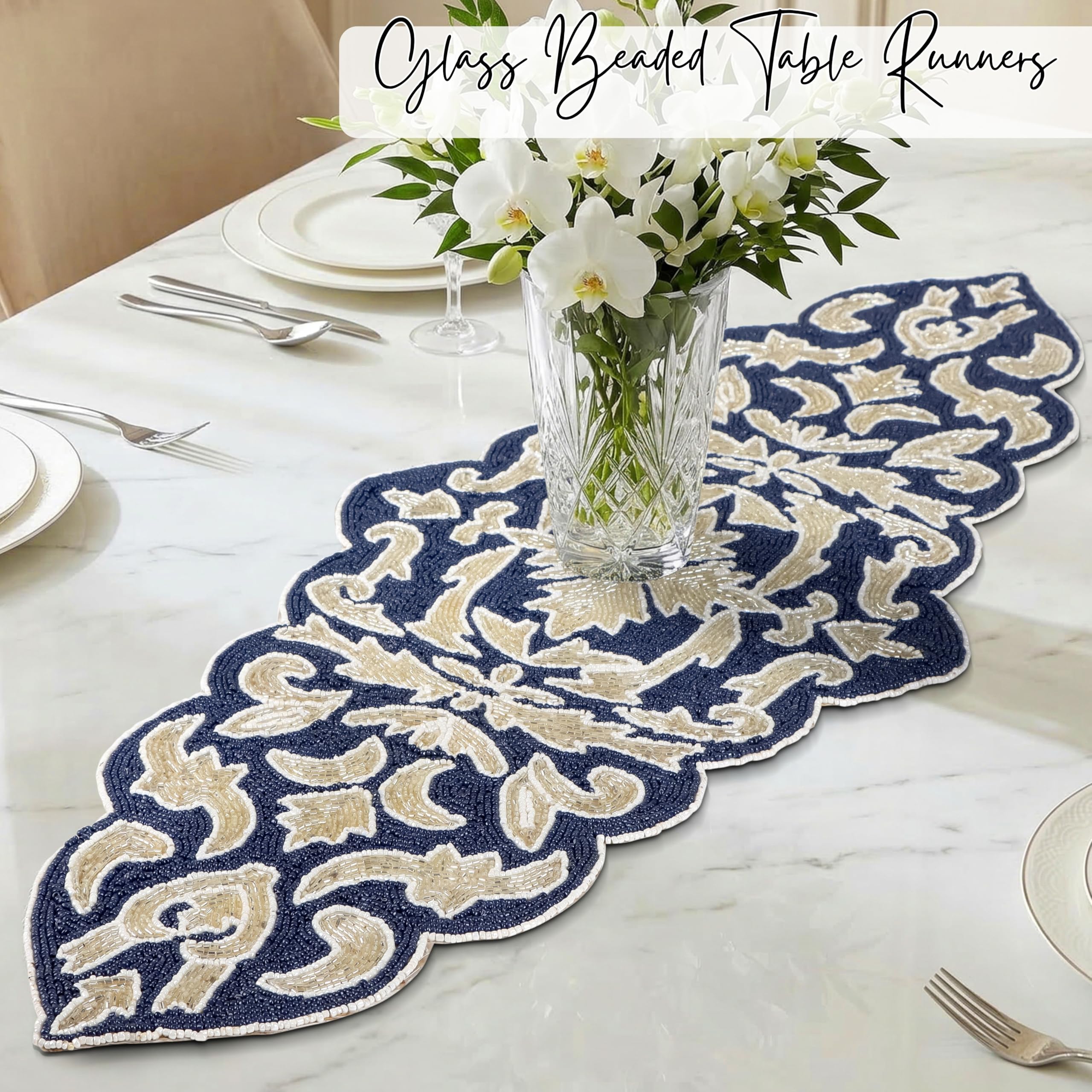 Camino para mesa de comedor, camino de mesa de cocina duradero, resistente a las manchas para mesa, mesa de cocina, camino de mesa duradero de 13 x 36 pulgadas, color azul marino plateado