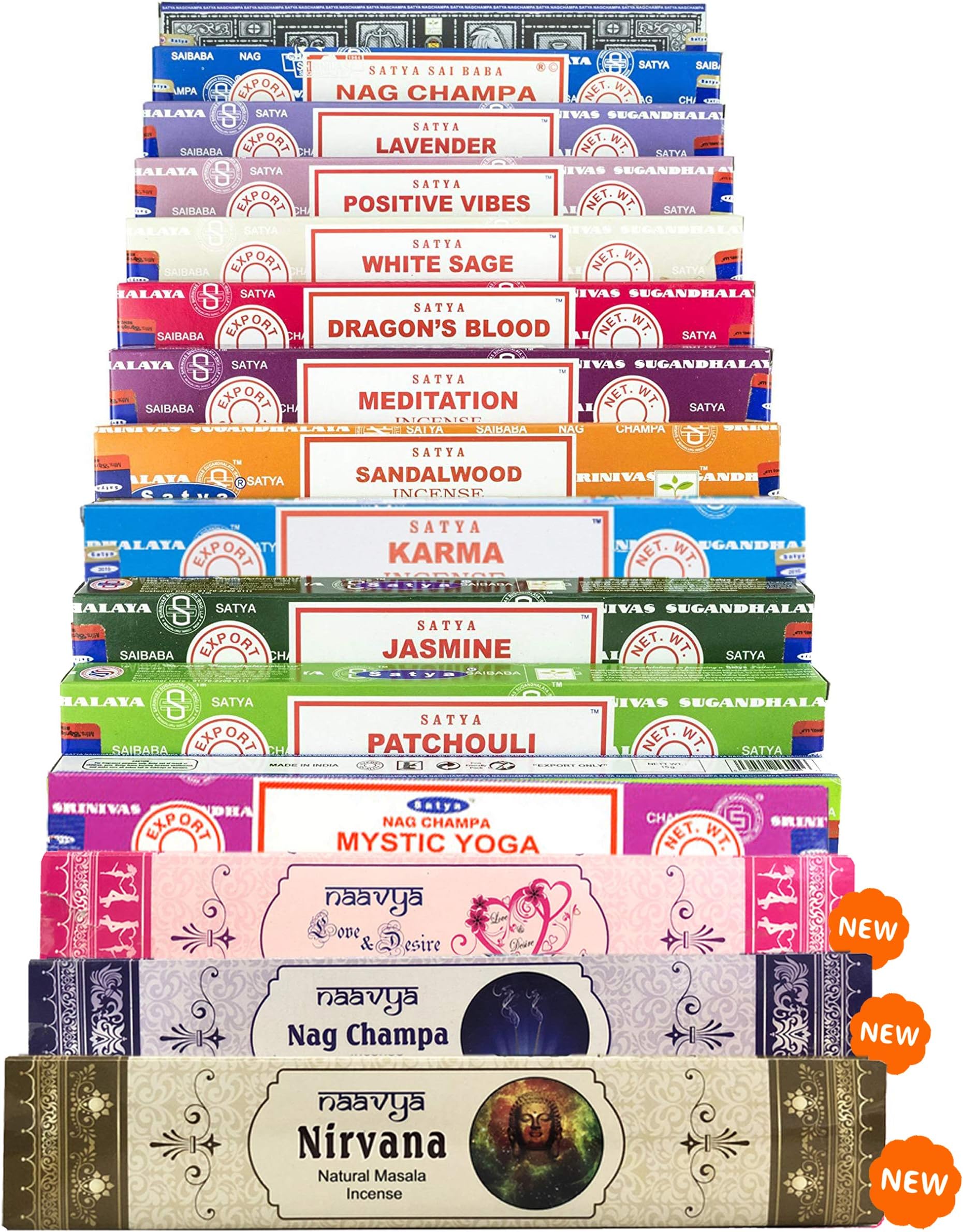 Satya 12 Pack & Naavya 3 Pack Masala Assorted Incense Sticks, Best Option for Christmas Gift