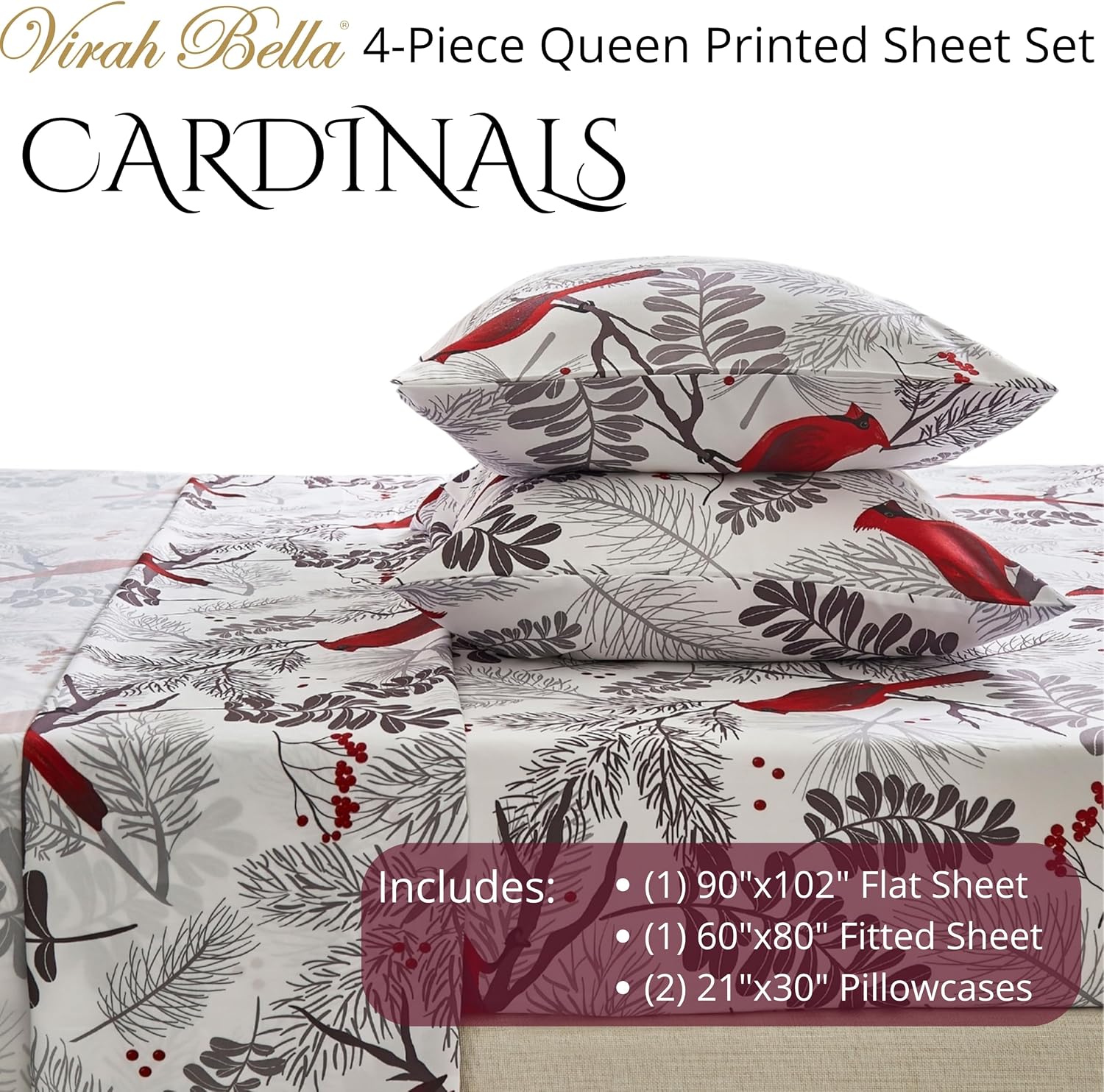 Virah Bella 4-Piece Queen-Size Printed Microfiber Bed Sheet Set - Cardinals