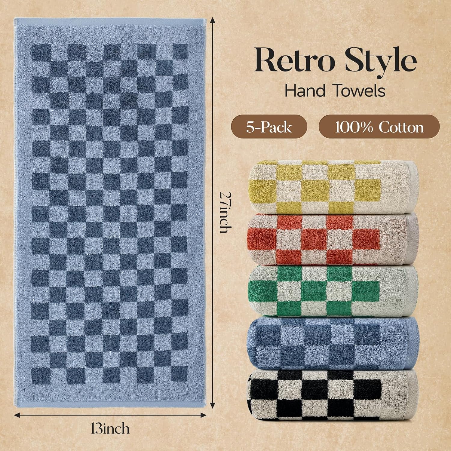 REDKISS 5 Pack Checkered Hand Towel Set - Decorative Hand Towels for Bathroom, 100% Cotton Towel Soft Absorbent, Retro Decorative Bathroom Towel for Kitchen, Gym, and Spa Multicolor