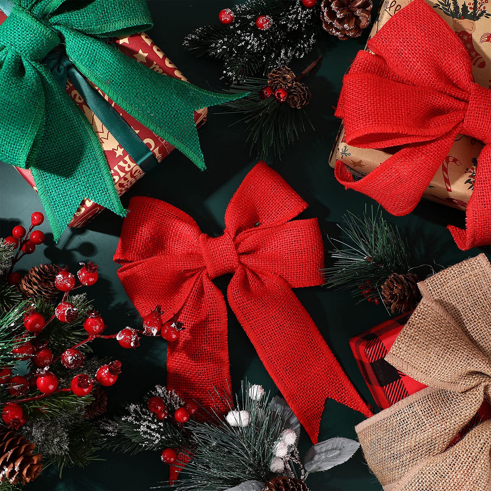 Syhood 12 Rollen Weihnachtsbänder aus Jute mit Drahtrand, Weihnachtsbaumstoff, verschiedene Farben, für Urlaub, DIY, Handwerk, 600 cm breit, 6,1 cm breit