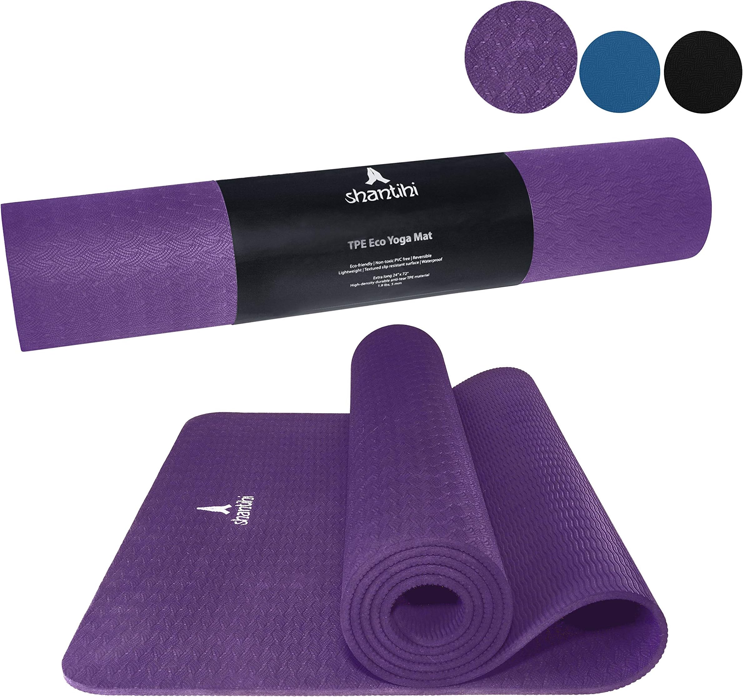 Shantihi Yoga Mat - Thick Eco Friendly Premium TPE Yoga Mat. Non Slip, Reversible, Durable Exercise Pilates Mat. Dark Purple