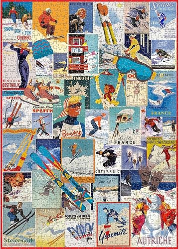 Rompecabezas de esquí vintage de 1000 piezas, rompecabezas de invierno para adultos de 1000 piezas, rompecabezas retro para vacaciones de esquí como