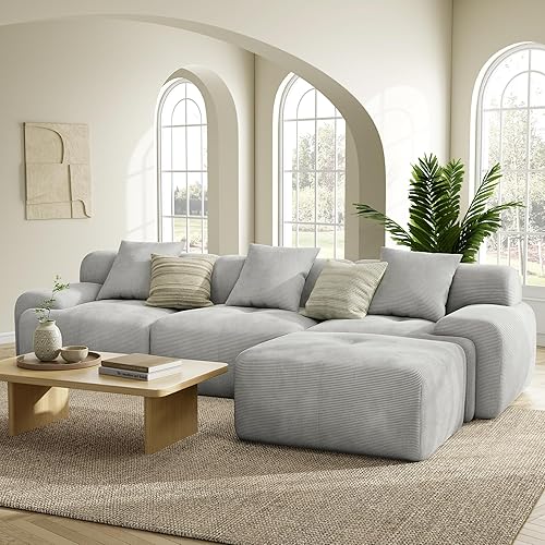 LIKIMIO 118" Modular Sectional Sofa with Ottoman, L-Shaped Boneless Couch with Deep Seat for Living Room, Corduroy Upholstery, No Assembly Required, Light Grey