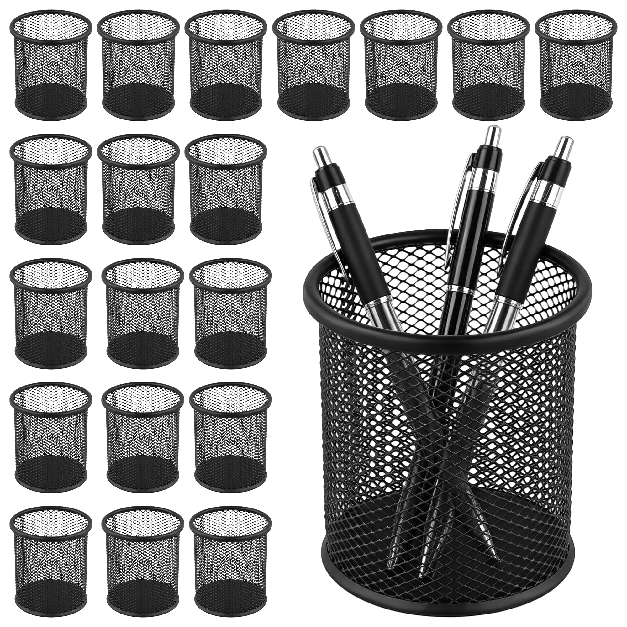 20 Pack Black Metal Mesh Pen Holder Round Desk Organizer, Office Supplies