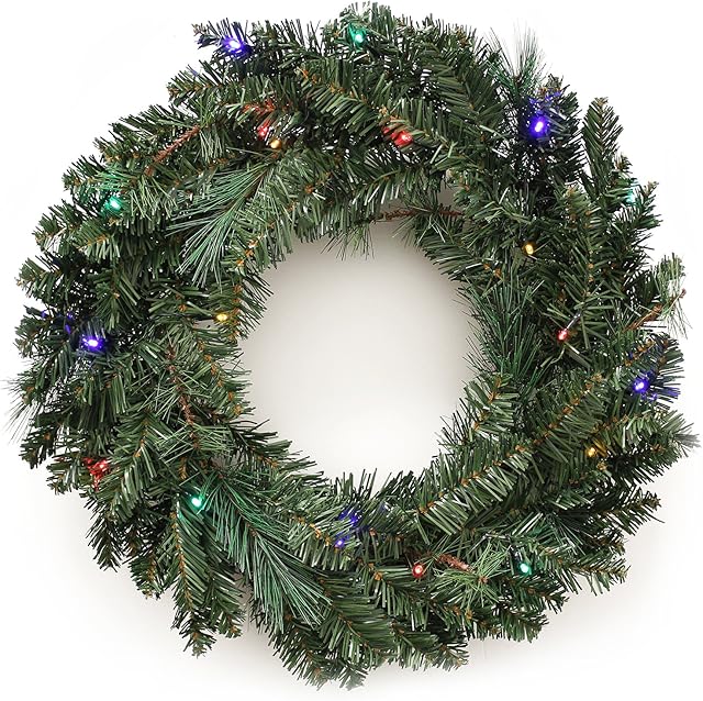 WeRChristmas Pre-Lit Wreath Christmas Decoration Illuminated with 20 Multi-Colour LED Lights, 60 cm - Green