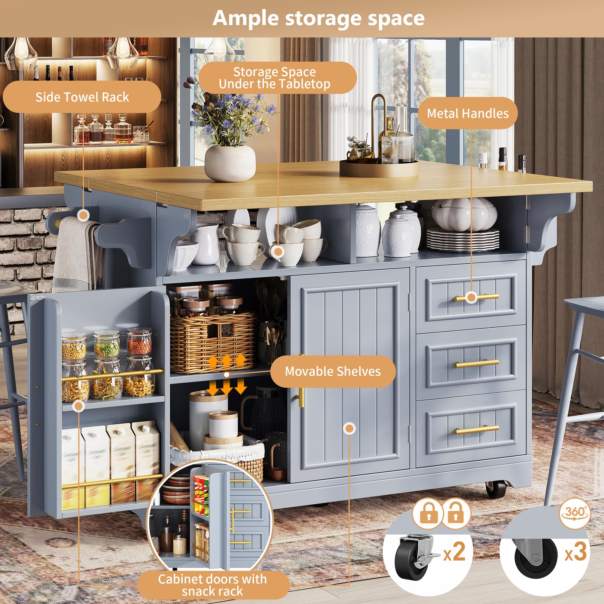 Isola da cucina multifunzionale, credenza da cucina su ruote, espansione tavolo da pranzo posizionabile liberamente, ante con motivo verticale, vano portaoggetti con cassetti, blu