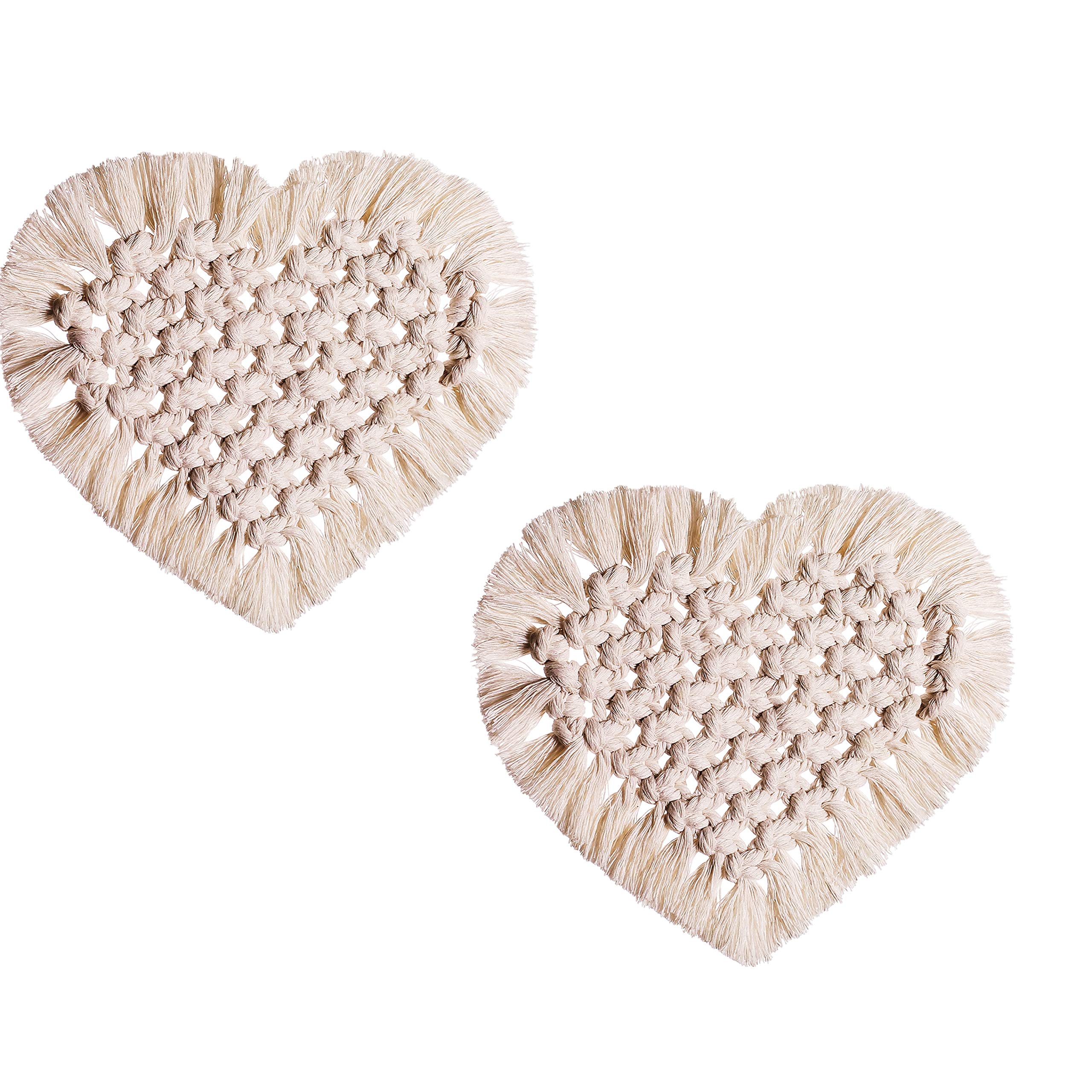 Handmade Macramé Coasters- Heart-Shaped Drinks Cotton Boho Woven Coaster Set with Tassel for KMugs and Cups Set of 2(14.GT022)