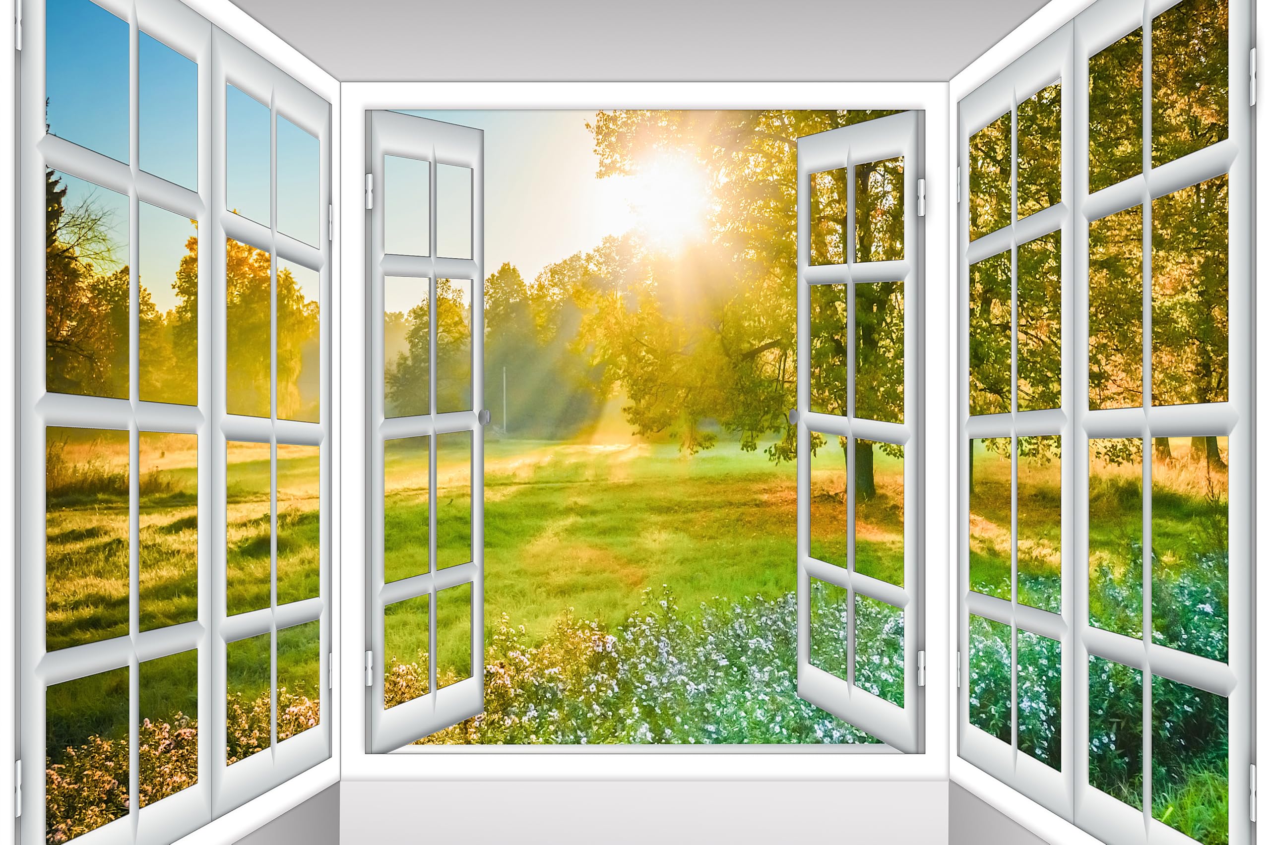 Fenster-Landschaft Hintergrund 2,1 X 1,5 M – Sommer, Pflanzen, Sonnenlicht, Für Fotografie, Party, Studio & Deko