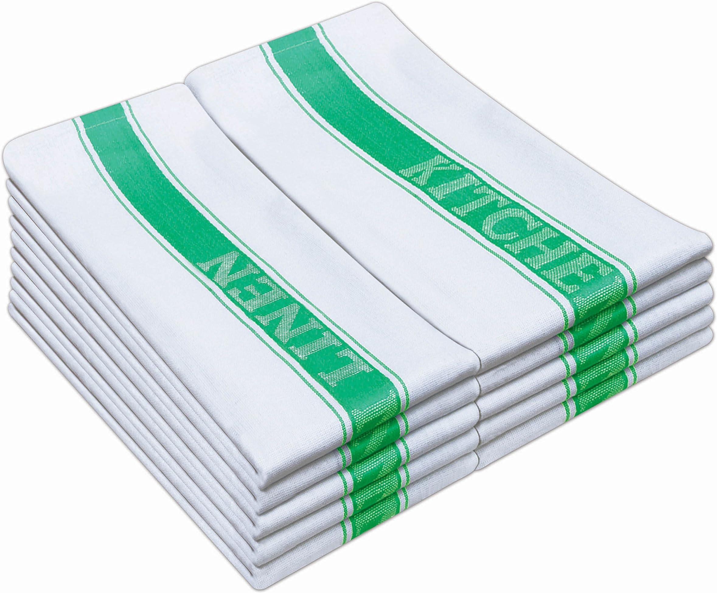 QCS Chef Classic Kitchen Towels, 100% Pure Cotton Dish Drying Towels, Extra Large Dish Cloths 50.80cm x 76.20cm (20" x 30") White with Blue, Green or Red Catering Kitchen Linen Stripe (12-Pack, Green)