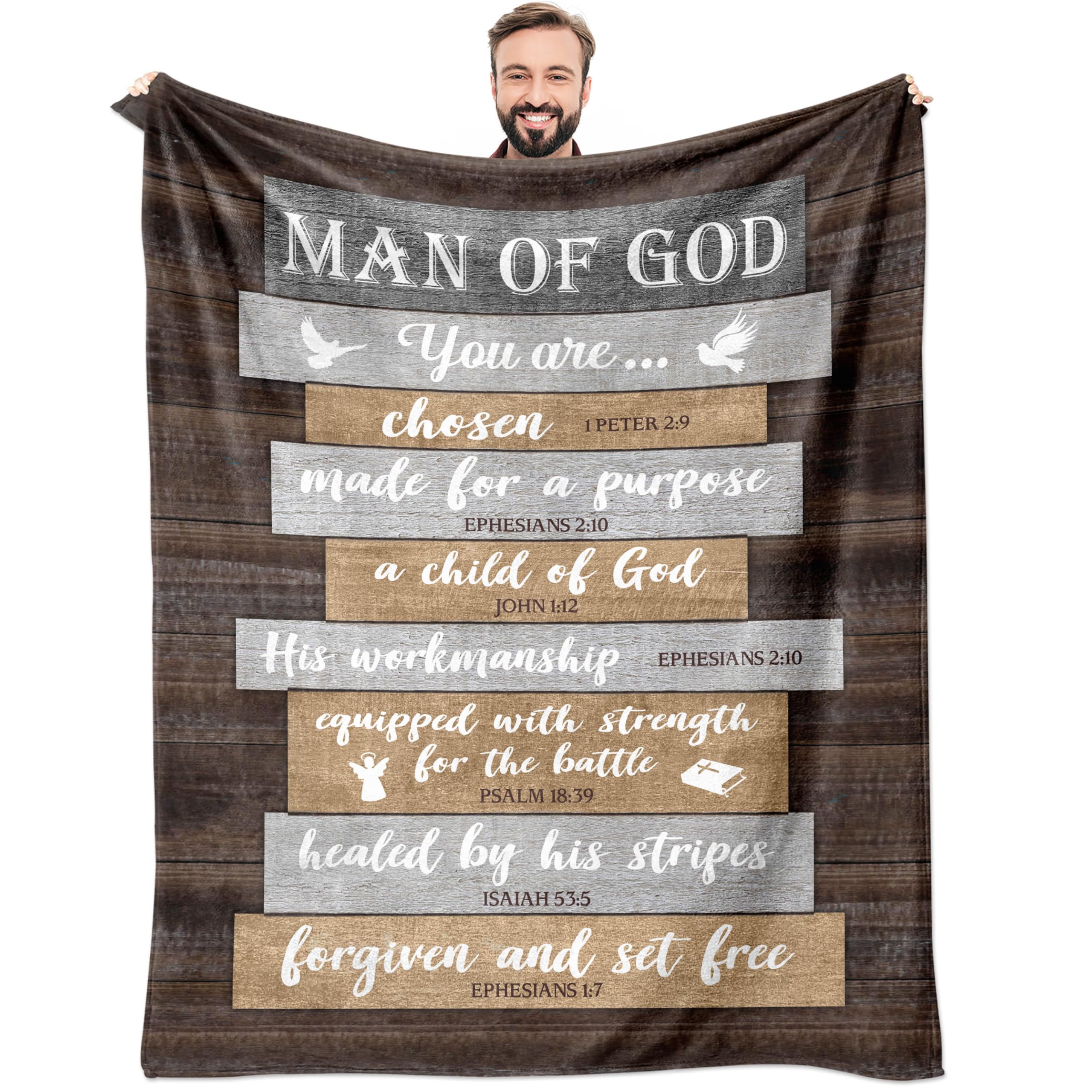 Christian Gifts for Men, Religious Gifts for Men, Fathers Day Christian Dad Gift, Catholic Gifts, Spiritual Inspirational Bible Gifts, Birthday Encouragement Baptism Gift, Man of God Blanket 60"x50"