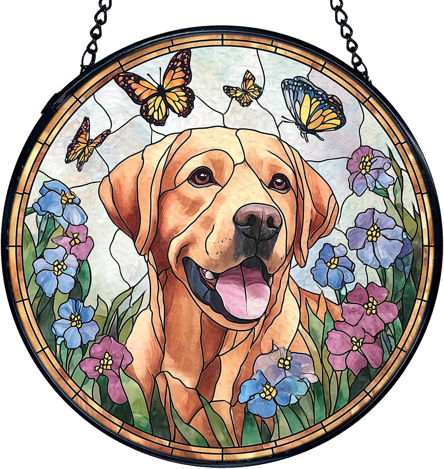 TNUW Labrador Retriever Flower Stained Glass Window Hanging, Labrador Retriever Gifts Sun Catchers Indoor Window Glass Round Wall Art Decor, Dog Sunflower Wall Hanging Decorations, 7.9＂x7.9＂