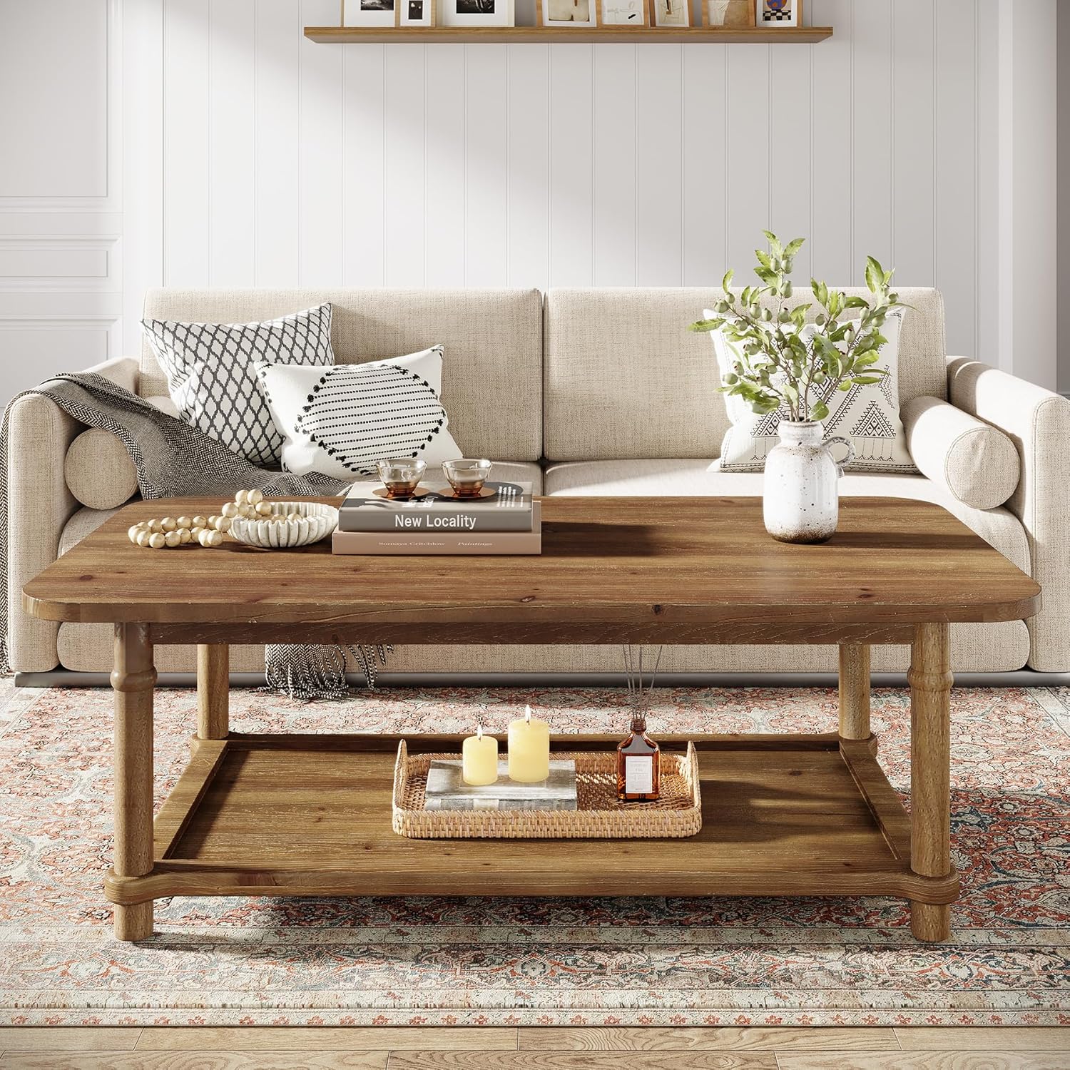 47" Rectangle Coffee Table, Solid Wood Center Table with 2-Tier Storage, Modern Farmhouse Coffee Furniture for Living Room, Home & Family Room, Natural Brown