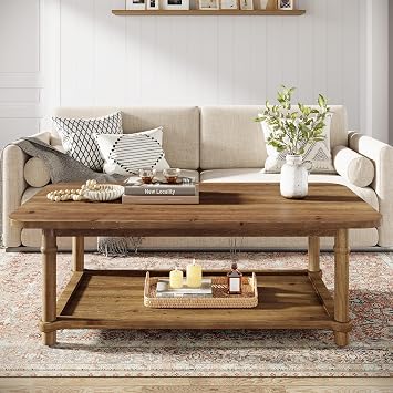 47 Rectangle Coffee Table, Solid Wood Center Table with 2-Tier Storage, Modern Farmhouse Coffee Tables for Living Room, Home & Family Room, Natural Brown