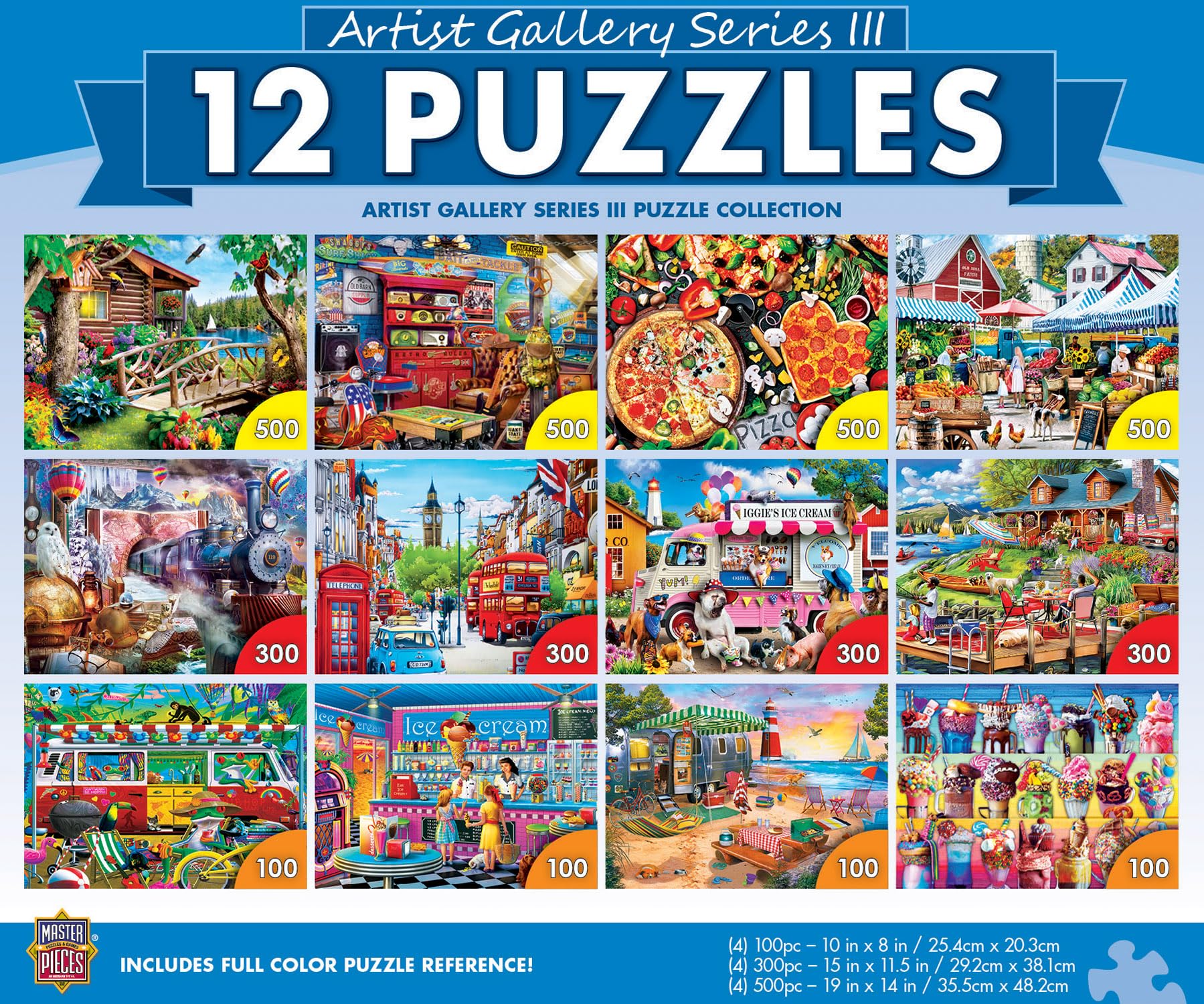 MasterPieces – Jigsaw Puzzle 12-Pack Bundle Set, Fun for Adults and Family, Artist Gallery Collection, (4) Round 100 Piece, (4) 300 Piece, (4) 500