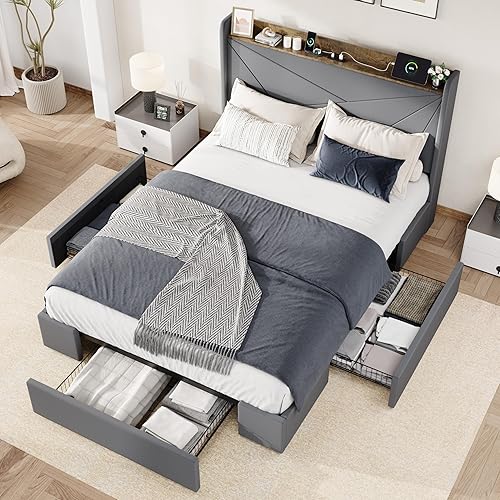 Miniatura 13 de Allewie Marco de cama de terciopelo tamaño completo con 3 cajones de almacenamiento, cama de plataforma tapizada con cabecera de almacenamiento tipo