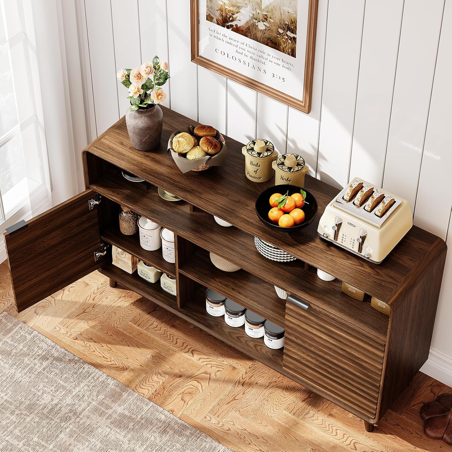 58 Inch Curved Sideboard Buffet Cabinet w/2 Wave Doors and Open Storage Spaces, Angled Side Frame, Sideboard Storage with Adjustable Shelves, Coffee Bar Cabinet for Kitchen, Living Room, Walnut