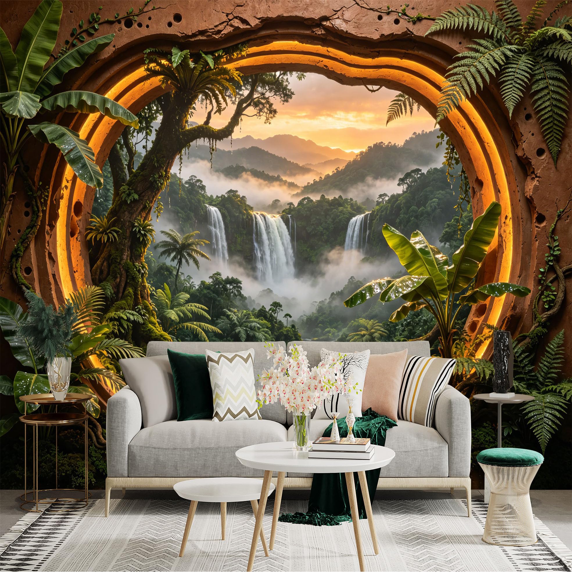 Custom Size Wall Sticker Mural， Tropical Jungle Waterfalls with Sunset and Lush Green Trees， for wall Decoration， peelandstick wall Decals.